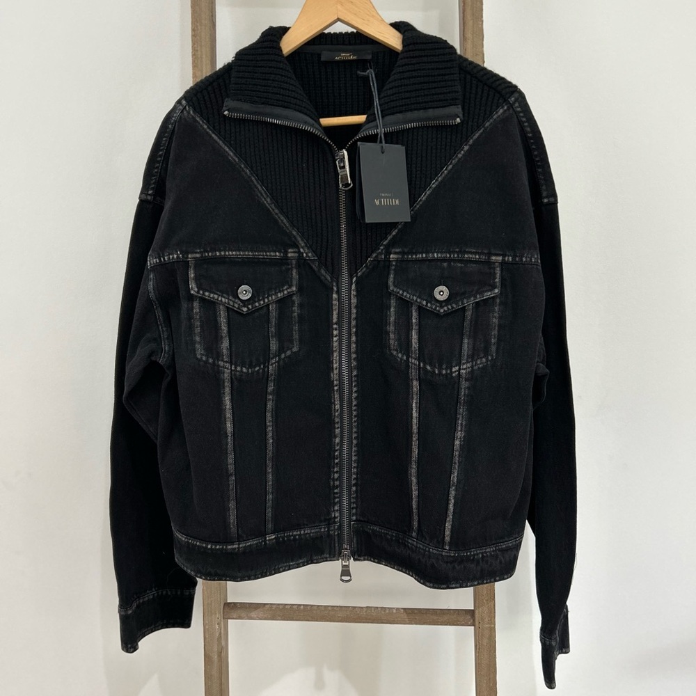 Twinset Actitude Women’s Black Denim Jean Jacket Knitted Collar Size Medium NWT